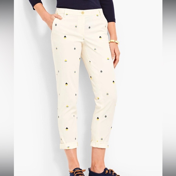 Talbots Nautical Embroidered White Patterned Girlfriend Chinos, Size 6P - Picture 1 of 10